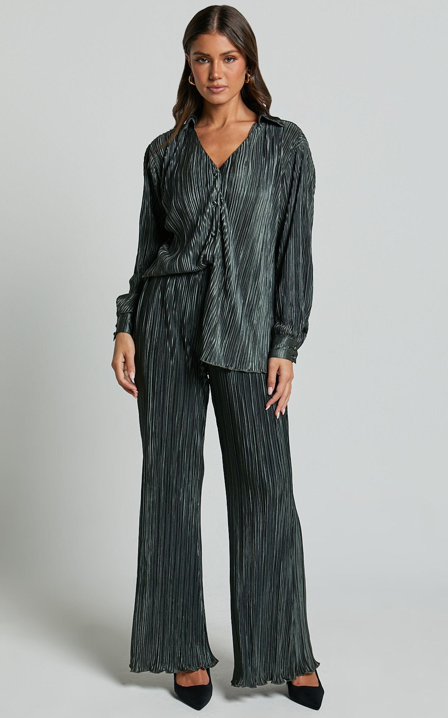 Beca Pants - High Waisted Plisse Flared Pants in Olive Product Image