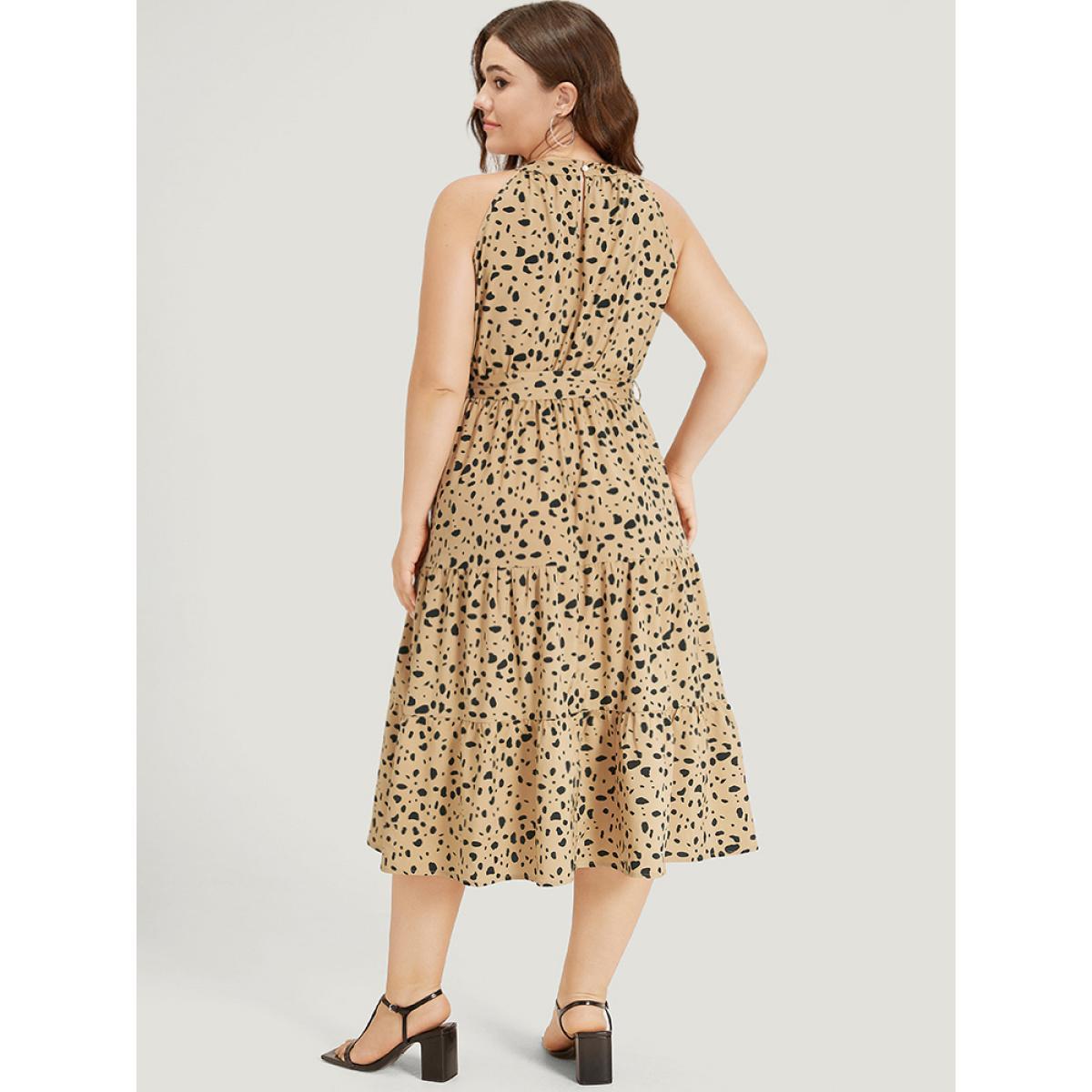 Plus Size Leopard Print Halter Pocket Belted Ruffle Hem Dress Bronze Women Elegant Gathered Halter neck Sleeveless Curvy Midi Dress BloomChic 22-24/3X Product Image