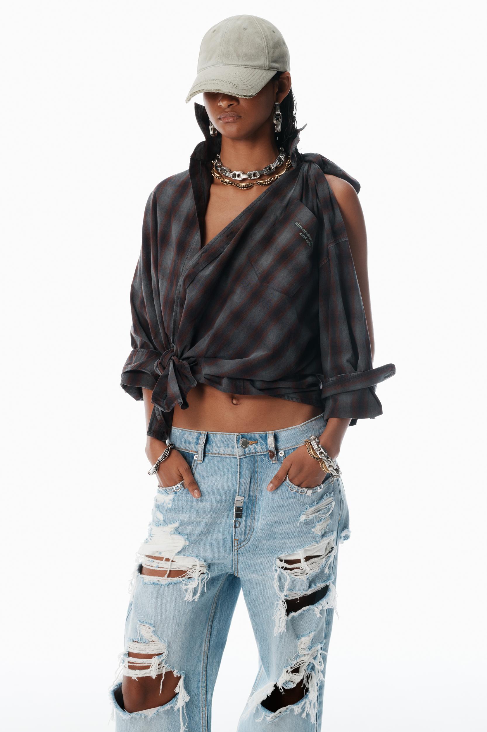 Red Plaid Asymmetric Button Up Shirt Product Image