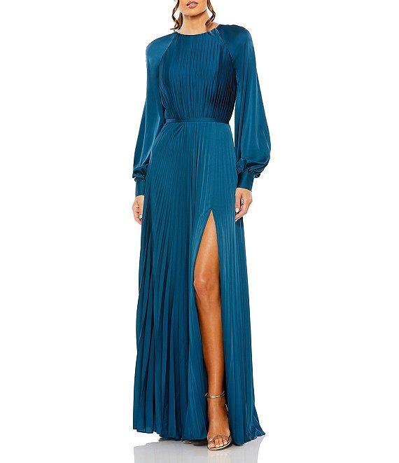 Mac Duggal Crew Neck Long Blouson Cuff Sleeve Pleated High Slit Gown Product Image