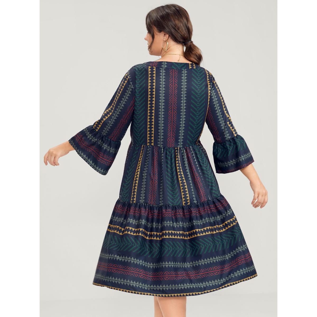 Plus Size Bloom Dress -Geometric Pocket Ruffles V Neck Knee Dress Multicolor Women Vacation Pocket V-neck Elbow-length sleeve Curvy Knee Dress BloomChic 14-16/1X Product Image