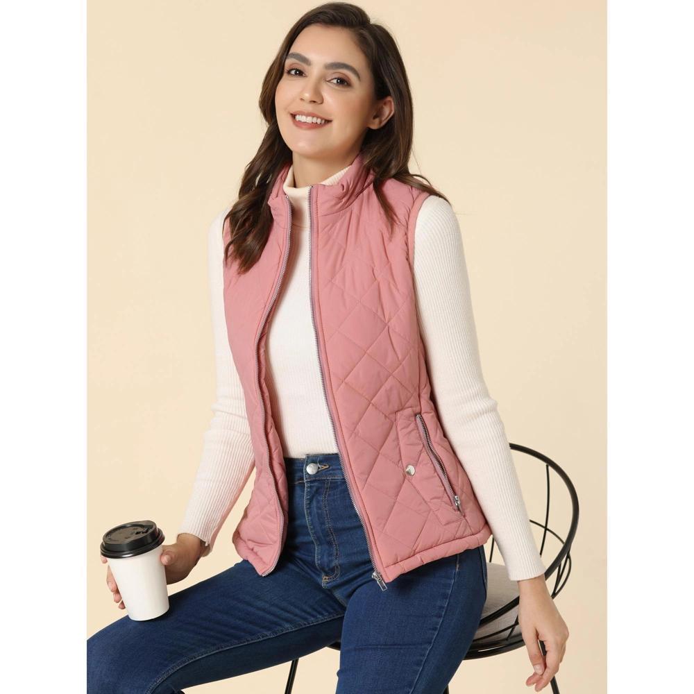 Allegra K Women's Stand Collar Lightweight Gilet Quilted Zip Vest Dusty Rose Medium Product Image