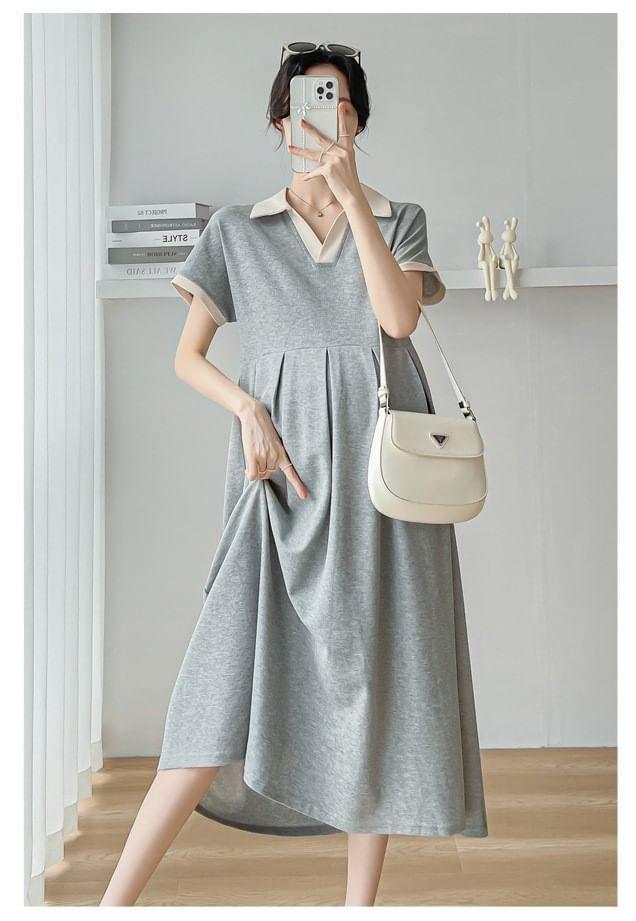 Maternity Short-Sleeve Collar Contrast Trim Midi A-Line Dress Product Image