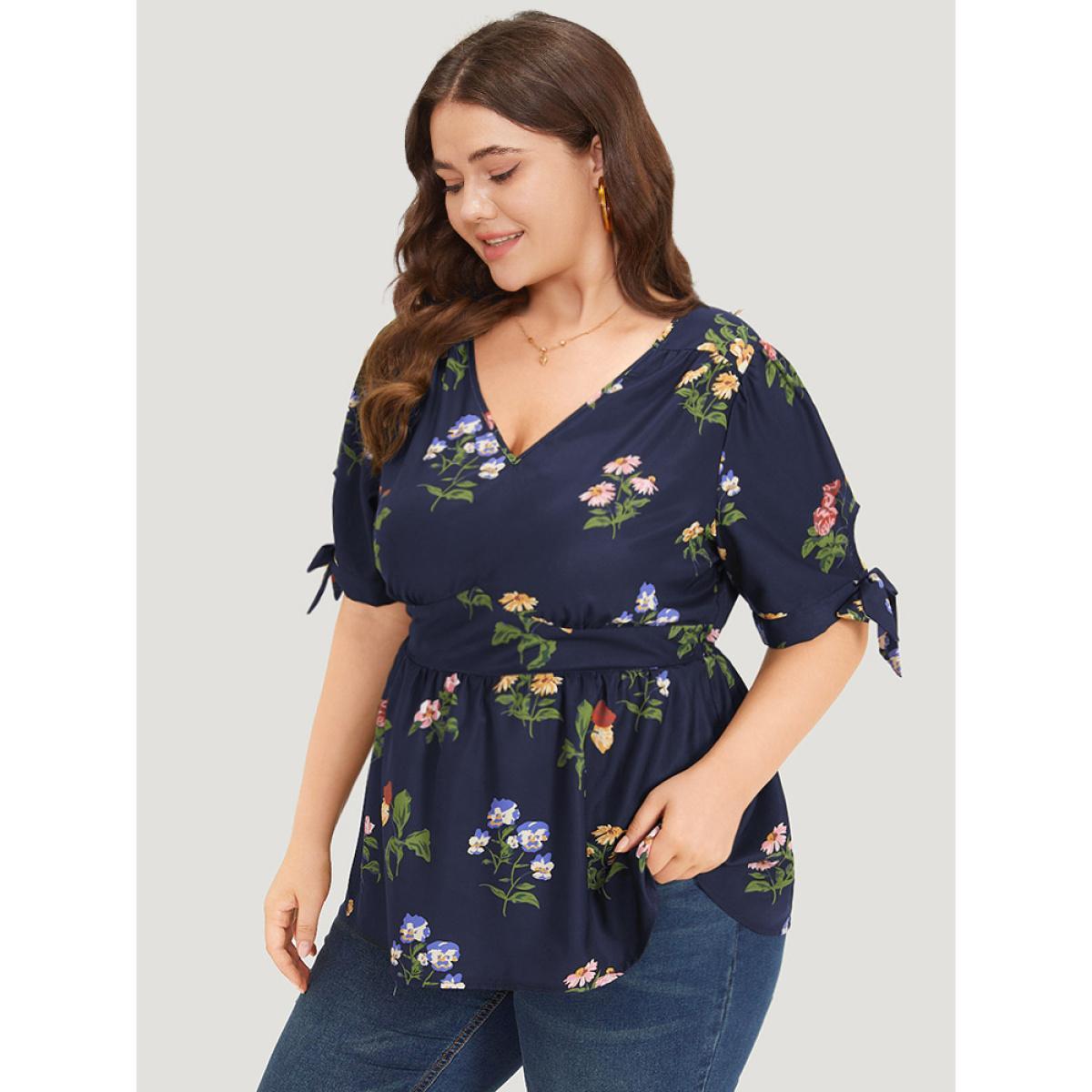Plus Size Indigo Floral Print Knot Gathered Elastic Waist Blouse Women Elegant Short sleeve V-neck Dailywear Blouses BloomChic 14-16/1X Product Image