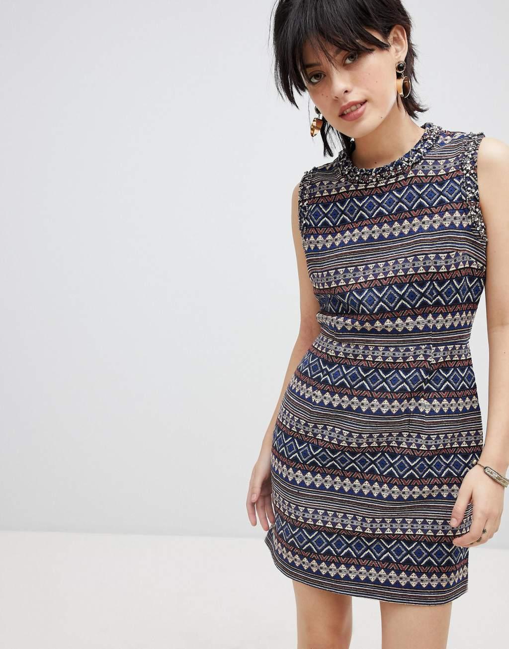 Deby Debo Iliana Print Dress with Embellished Neck Trim-Multi Product Image