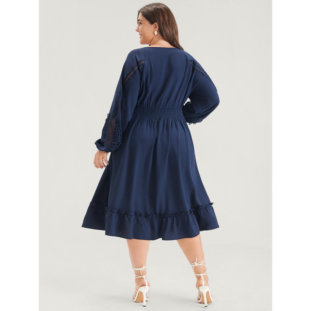 Plus Size Solid Pocket Crochet Lace Lantern Sleeve Ruffle Shirred Midi Dress DarkBlue Women Dating Plain V-neck Long Sleeve Curvy Midi Dress BloomChic 12/L Product Image