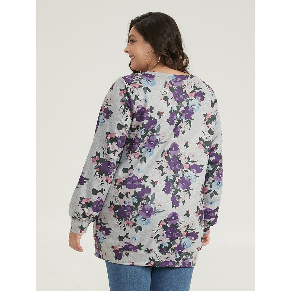 Plus Size Floral Print Pocket Sweatshirt Women DimGray Casual Printed Round Neck Dailywear Sweatshirts BloomChic 10/M Product Image