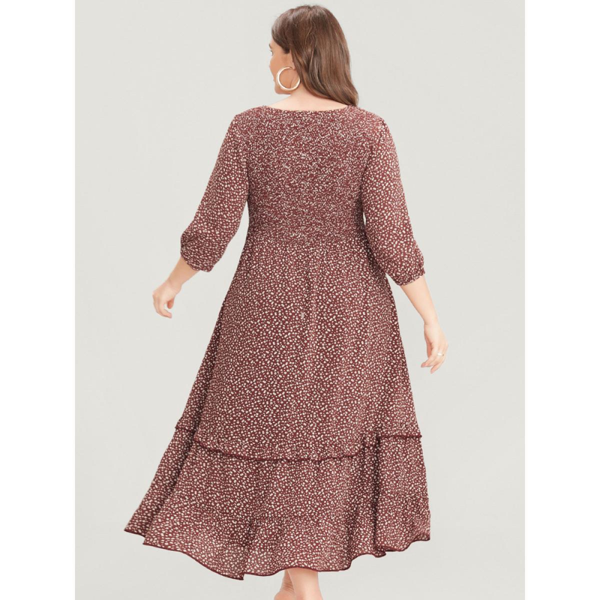 Plus Size Ditsy Floral V Neck Shirred Pocket Ruffle Hem Dress Russet Women Elegant Elastic Waist V-neck Elbow-length sleeve Curvy Midi Dress BloomChic 10/M Product Image