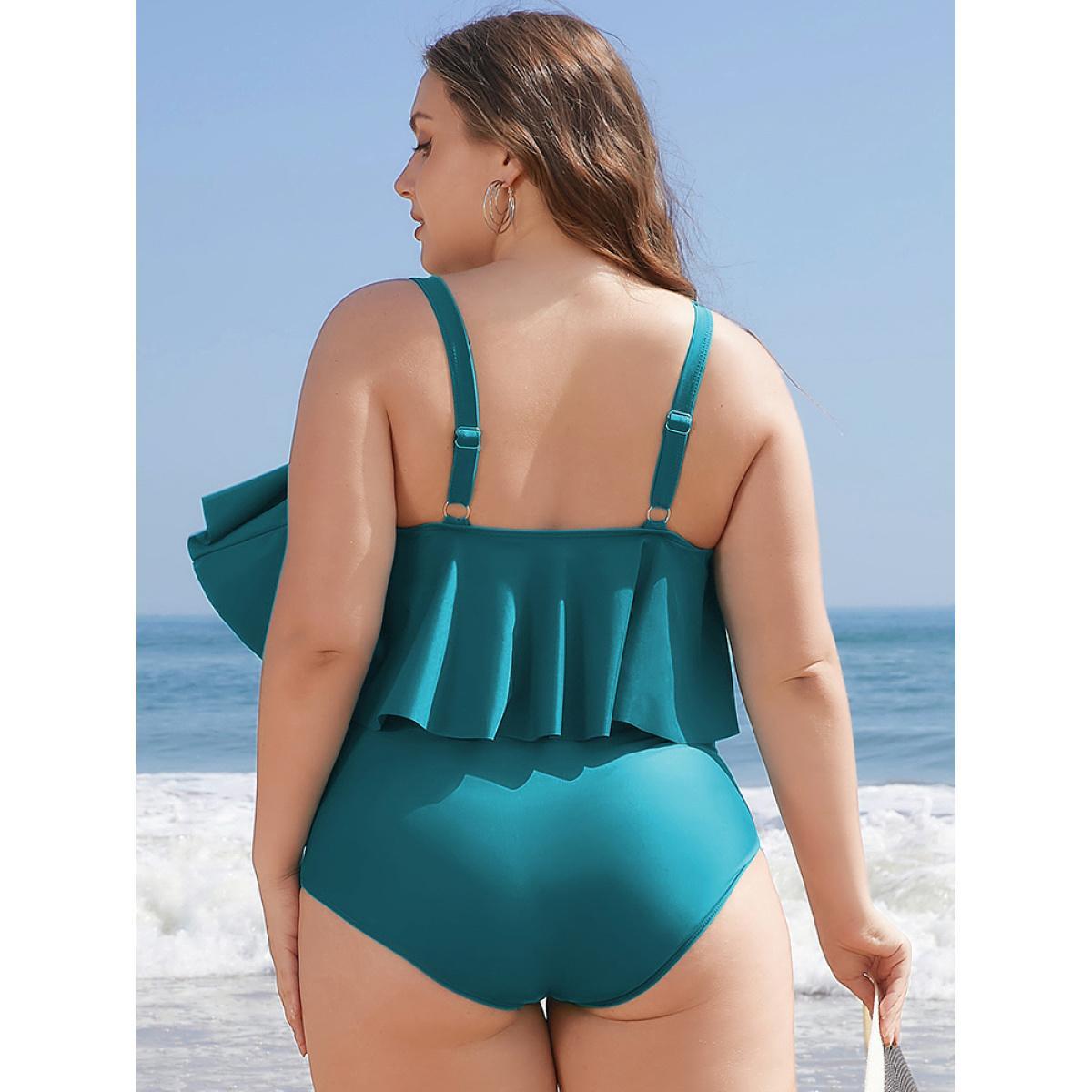 Plus Size Ruffle Trim Sculpt Waist Ruched Front One Piece Swimsuit Women's Swimwear Blue Vacation Adjustable Straps Curve Bathing Suits High stretch One Pieces BloomChic 18-20/2X Product Image