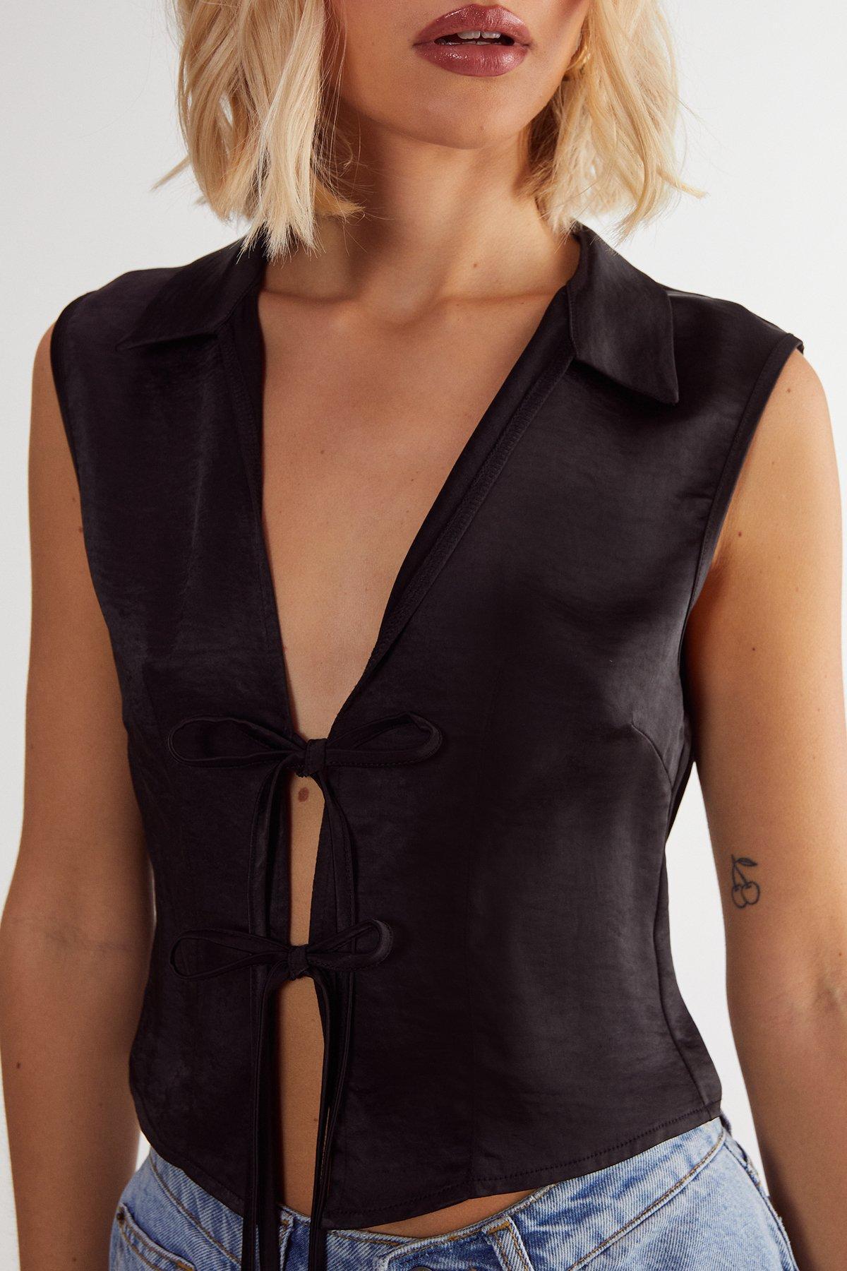 Textured Satin Tie Front Collared Top Product Image