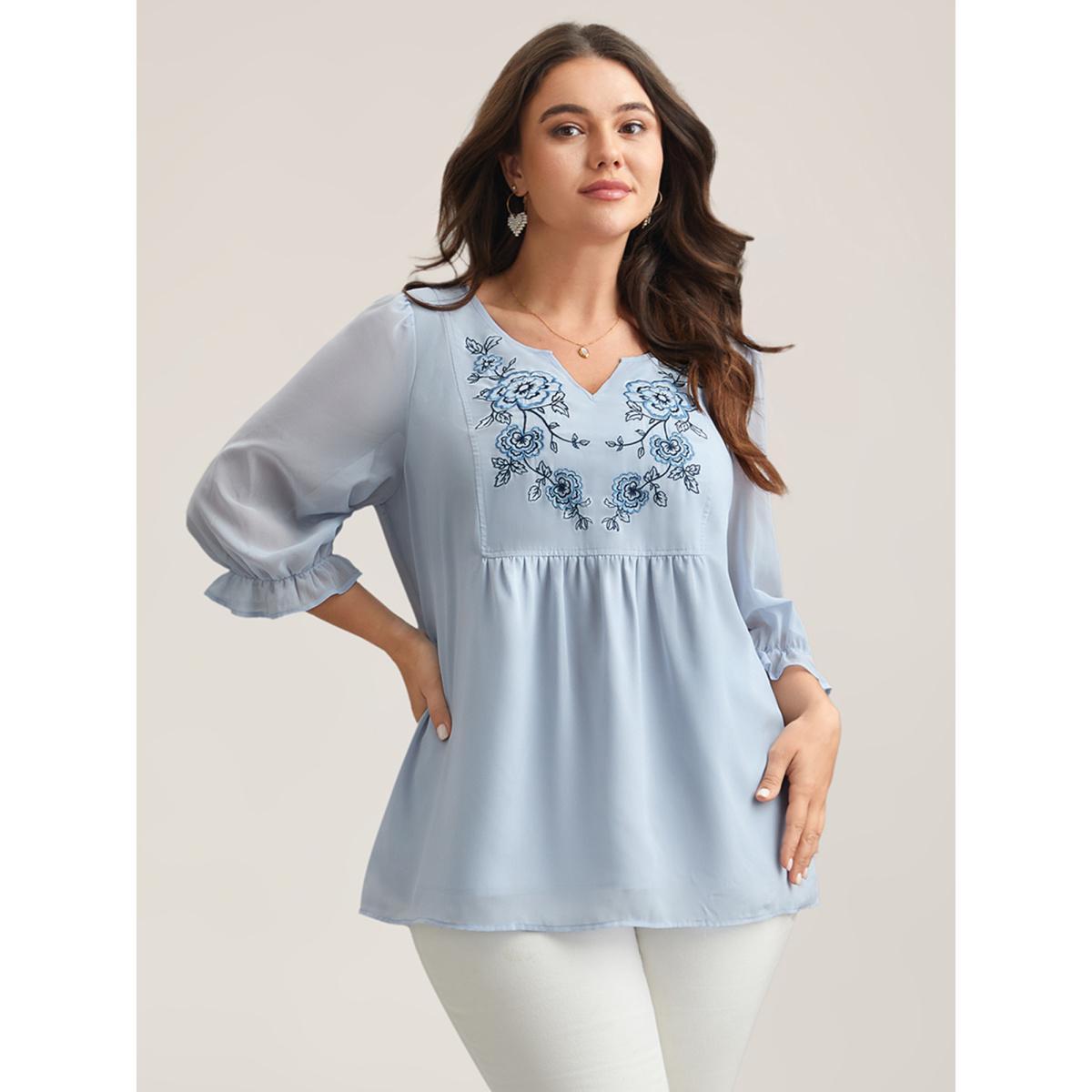 Plus Size LightBlue Chiffon Embroidery Puff Sleeve Pleated Shirt Women Boho Elbow-length sleeve Notched collar Vacation Blouses BloomChic 14-16/1X Product Image