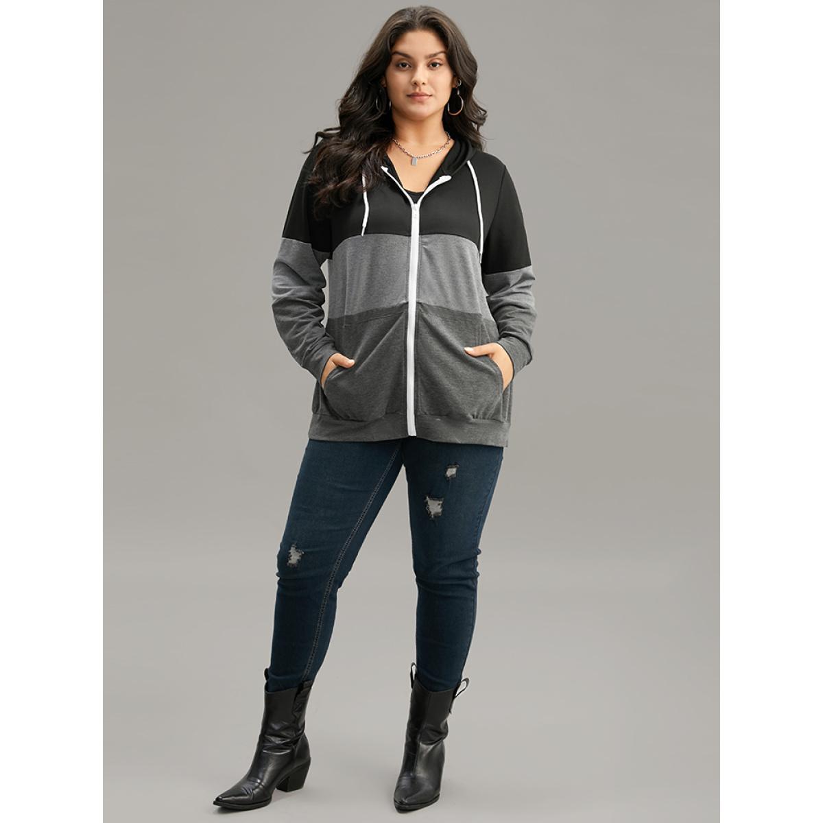 Plus Size Colorblock Contrast Drawstring Zipper Hooded Sweatshirt Women Multicolor Casual Contrast Hooded Everyday Sweatshirts BloomChic 10/M Product Image