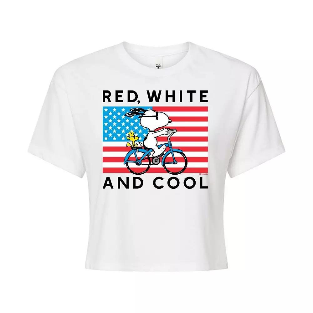 Juniors' Peanuts Bike Riding Snoopy "Red, White & Cool" Cropped Tee, Girl's,  Product Image