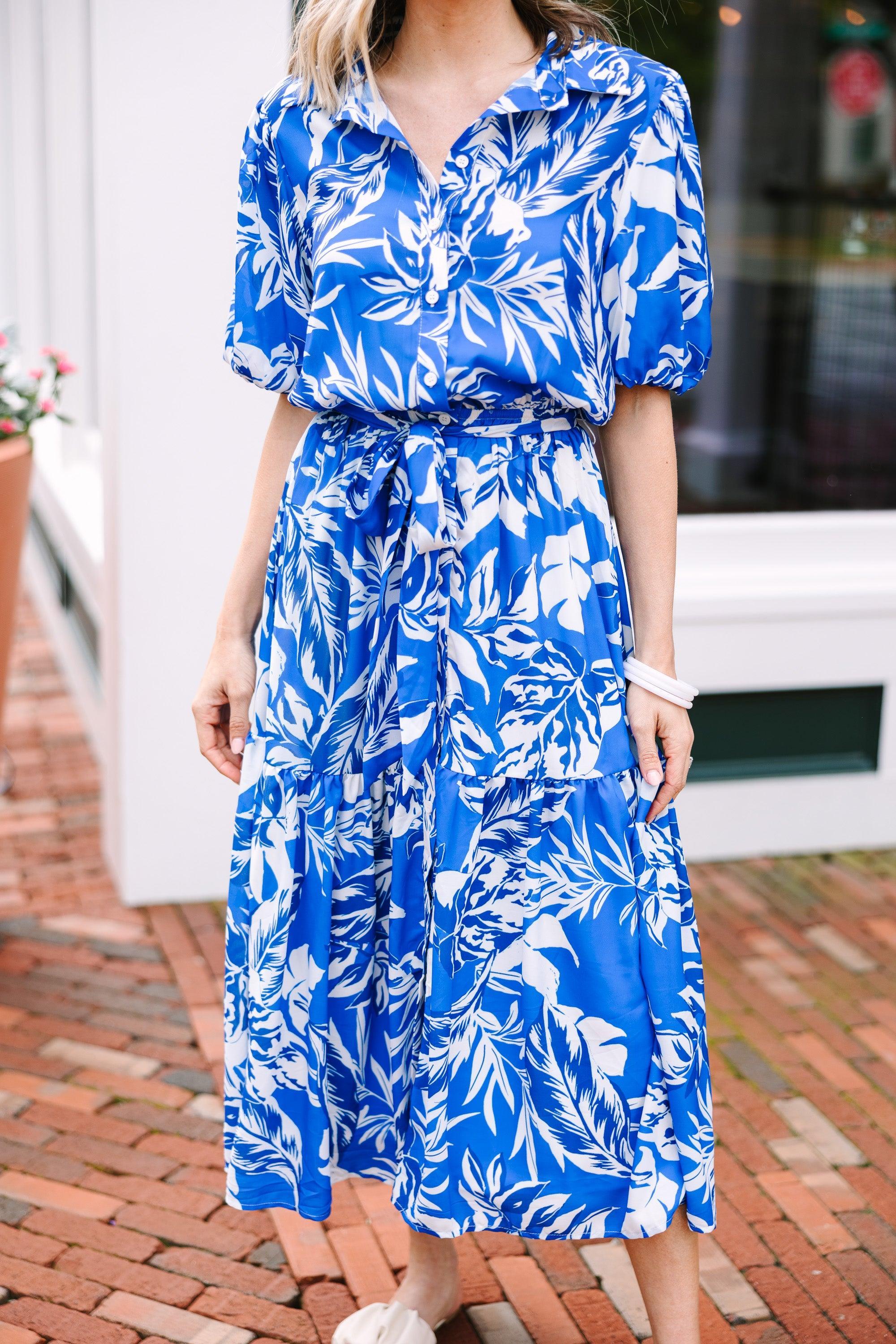 Living For You Royal Blue Floral Midi Dress Female Product Image