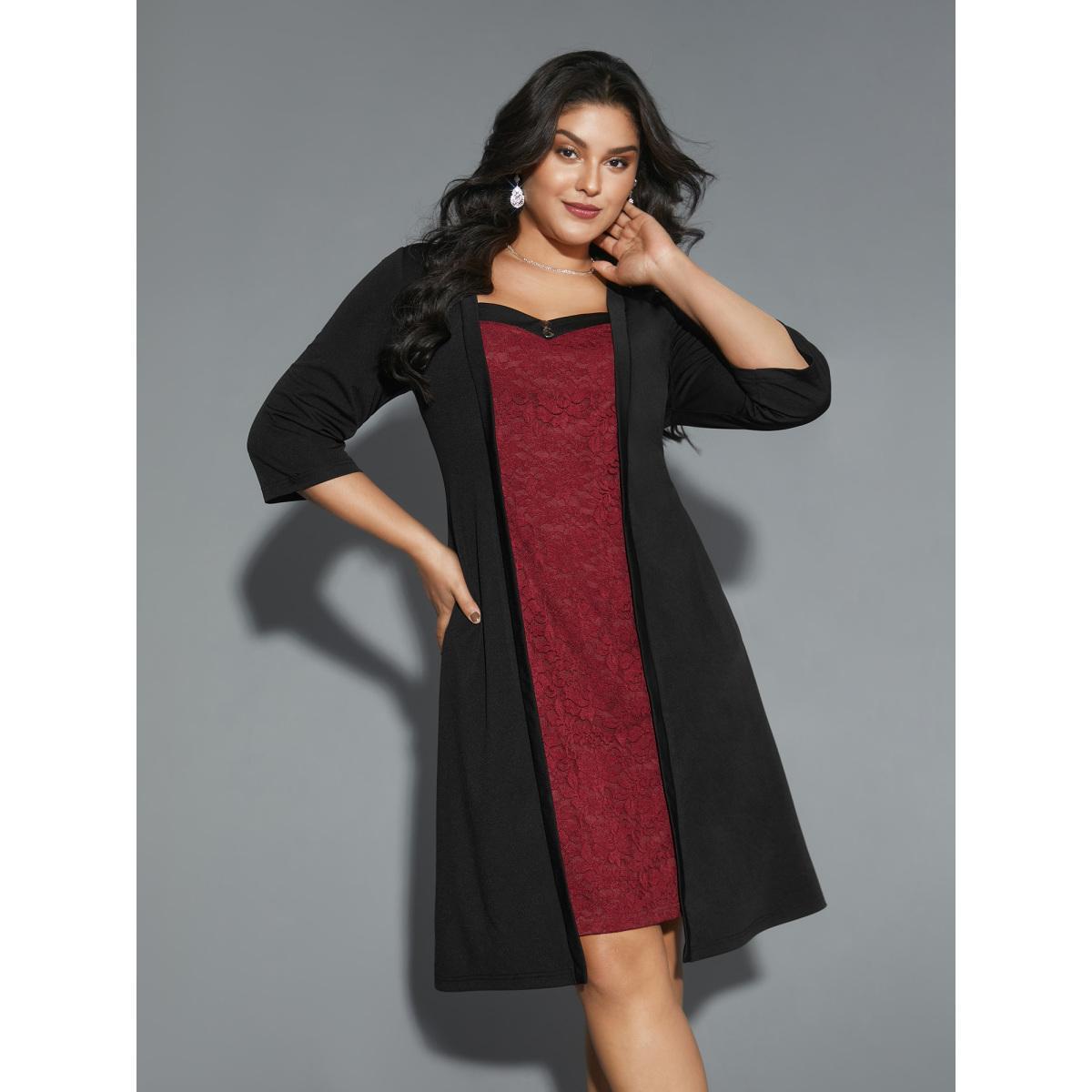 Plus Size Lace Heart Neckline Pocket Midi Dress Black Women Cocktail Texture Party Curvy Bloomchic 10/M Product Image