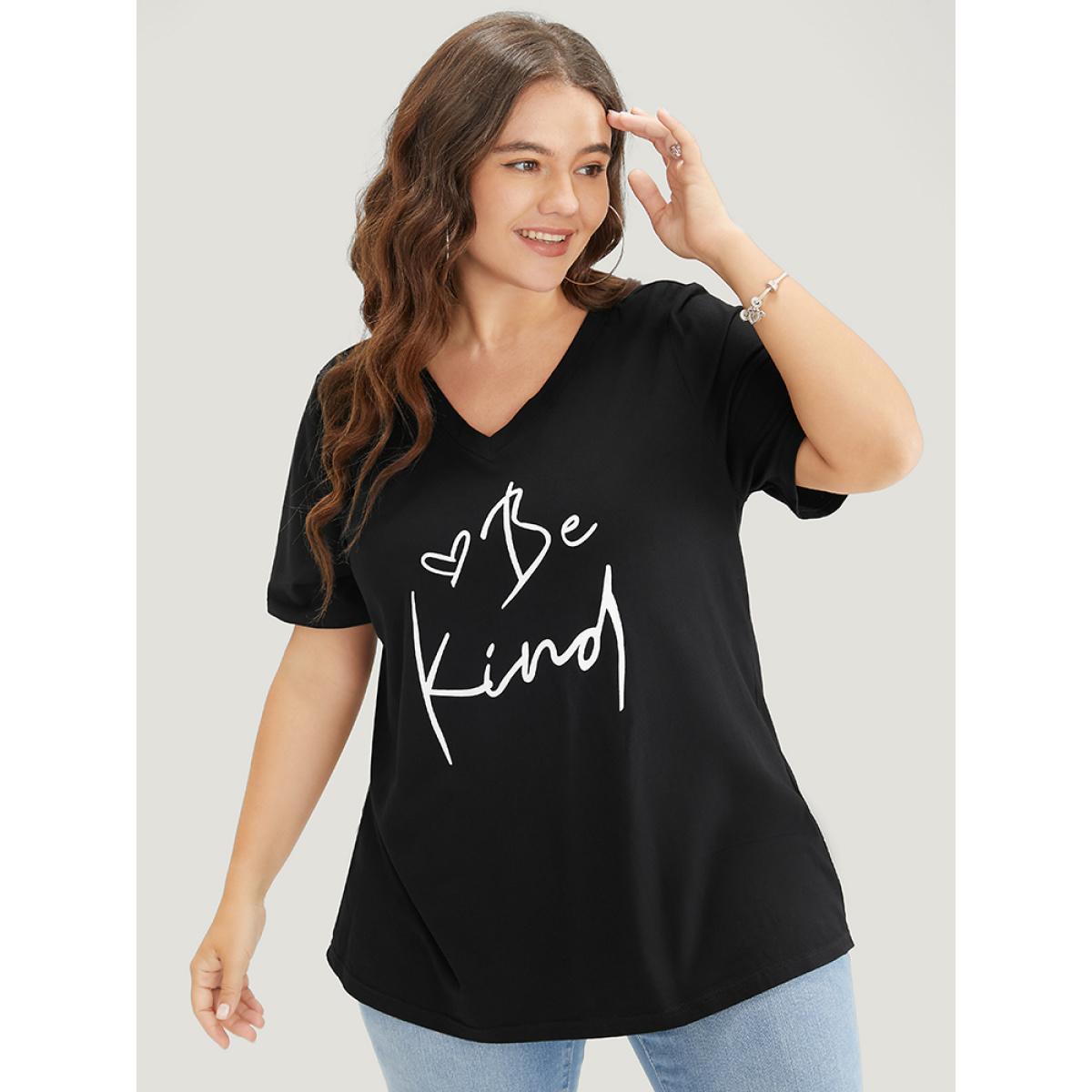 Plus Size Letter & Heart Print V Neck T-shirt Black Women Casual Letter Dailywear T-shirts BloomChic 10/M Product Image