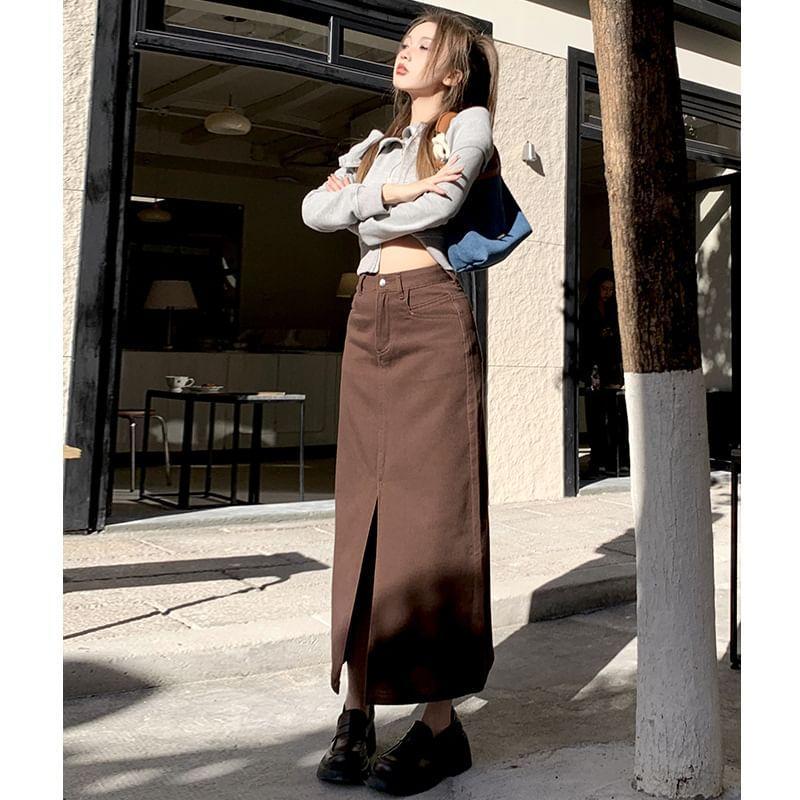 High Waist Plain Slit Denim Midi Straight Skirt Product Image