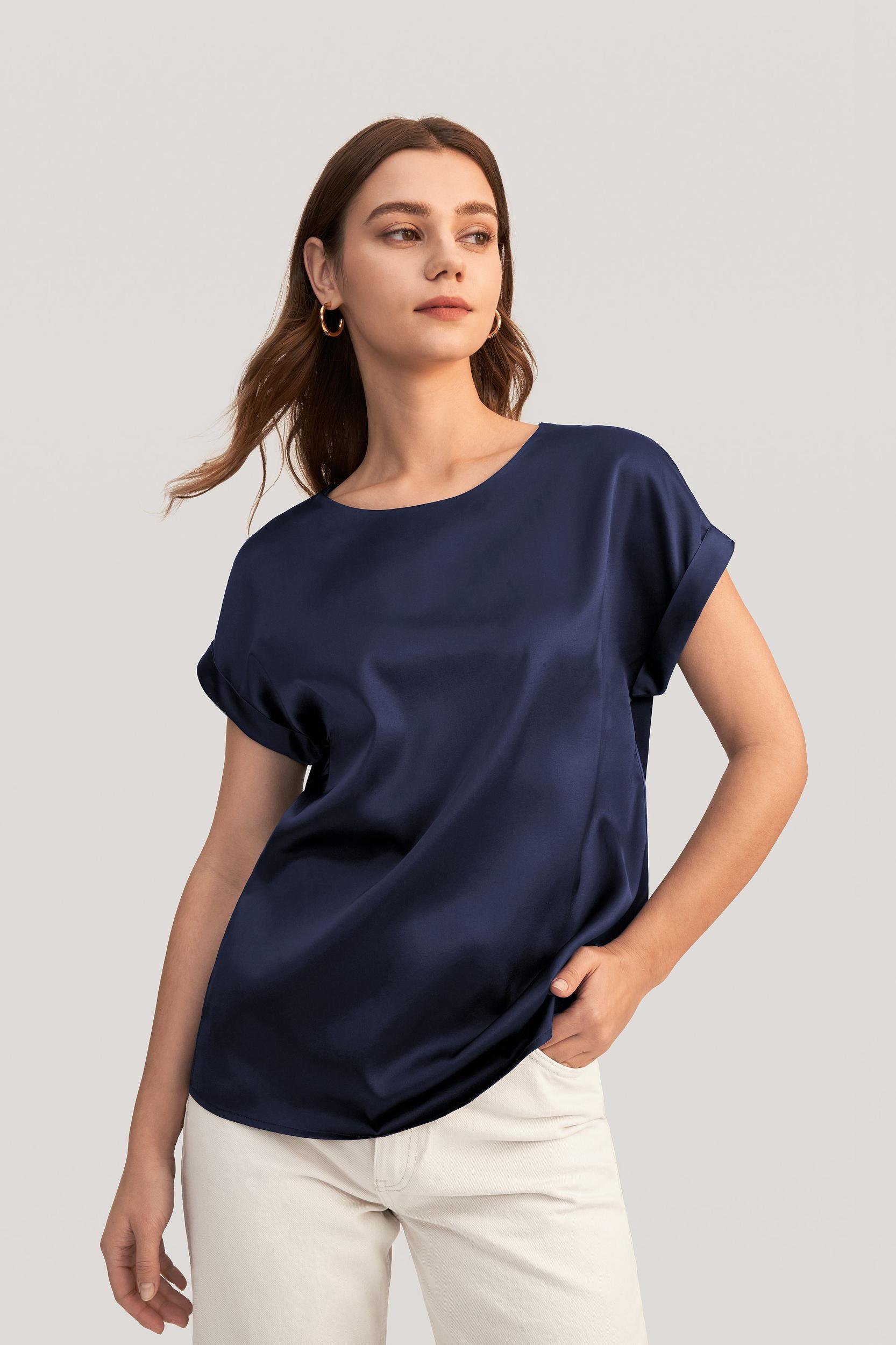 LILYSILK Women Silk Tee Shirts Black Quality Stretchy Silk Soft Classic Round Neck Rolled Cuffs Silk Top XS Product Image