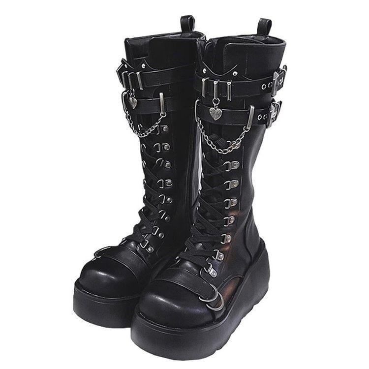 Platform Plain Lace Up Mid Calf Boots Product Image