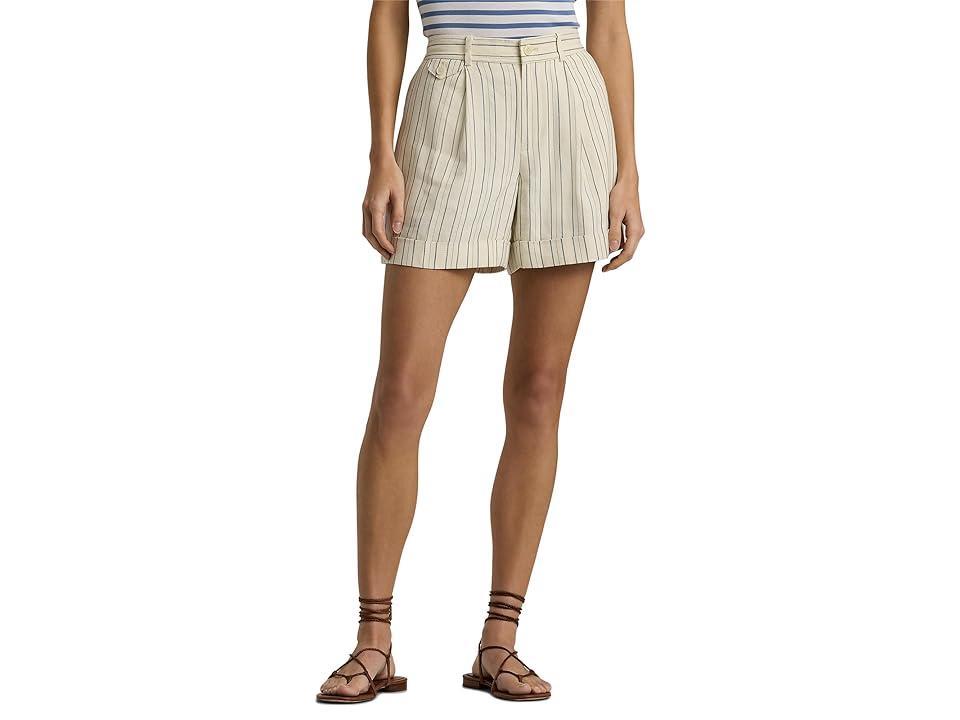 Lauren Ralph Lauren Striped Pleated Shorts (Cream/Blue) Women's Jumpsuit & Rompers One Piece Product Image