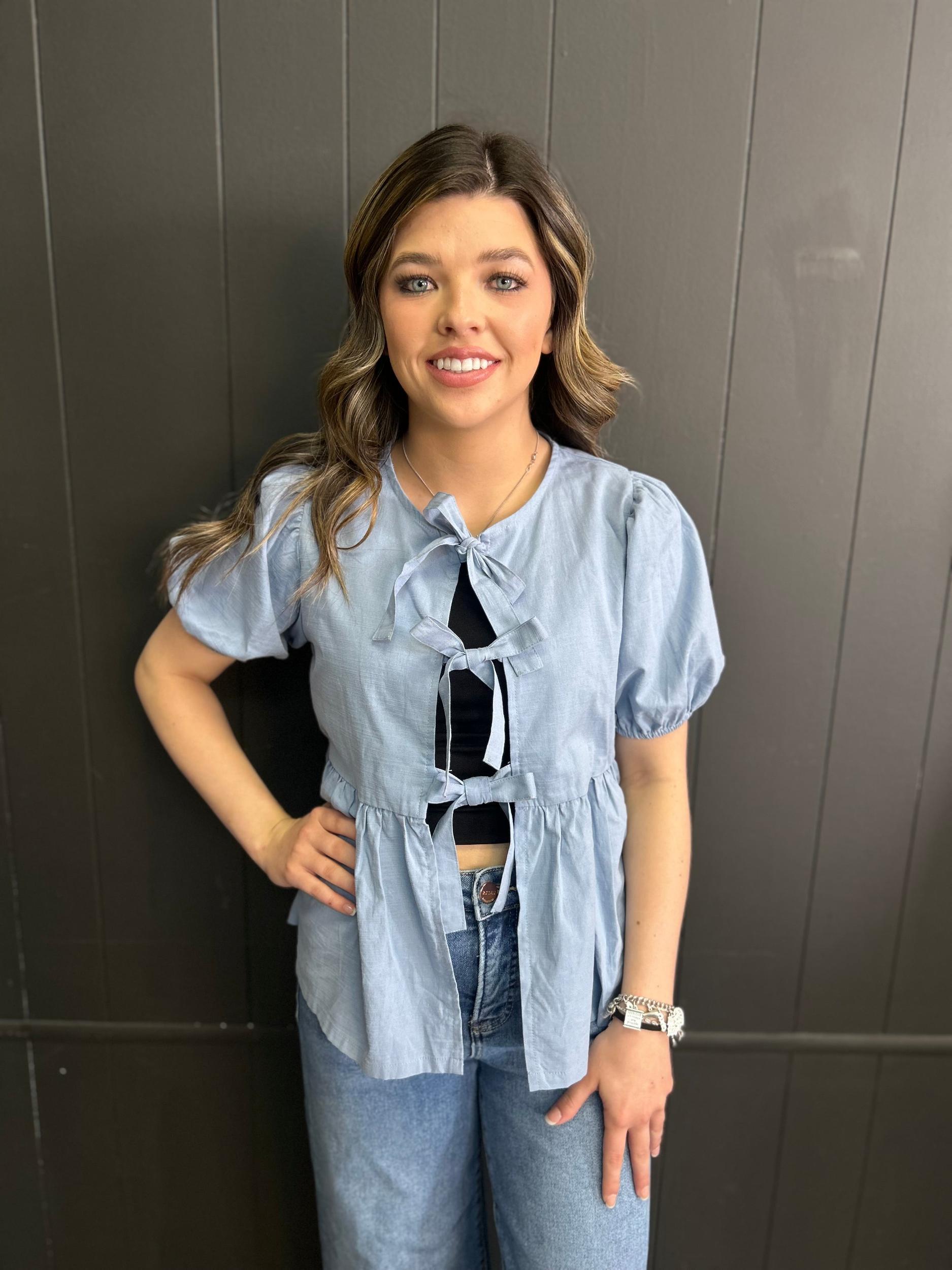 Short Sleeve Woven Front Bow Tie Top - 5 Colors* Product Image