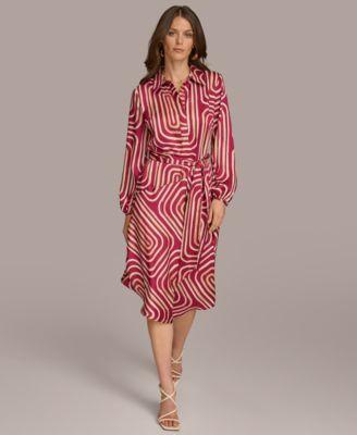 Donna Karan Womens Printed Button-Front Belted Dress Product Image