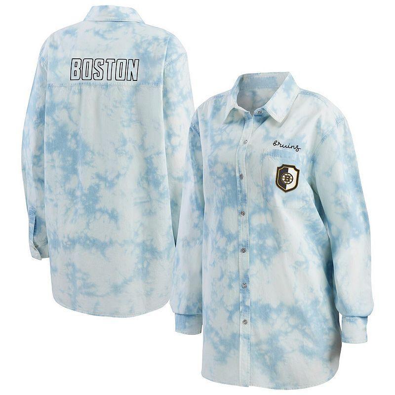 Womens WEAR by Erin Andrews Boston Bruins Oversized Tie-Dye Button-Up Denim Shirt Product Image