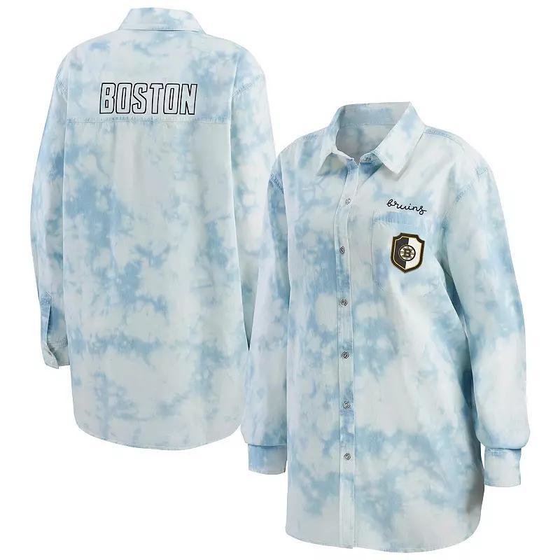 Women's WEAR by Erin Andrews White Chicago Blackhawks Oversized Tie-Dye Button-Up Denim Shirt, Size: Medium Product Image
