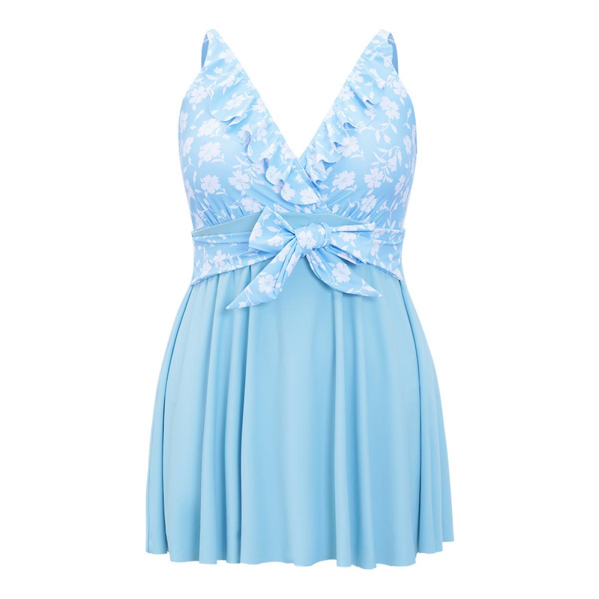 Plus Size Floral Patchwork Ruffle Trim Knot Front Swim Dress Women's Swimwear LightBlue Vacation Bodycon V-neck High stretch Curve Swim Dresses BloomChic 28/5X Product Image