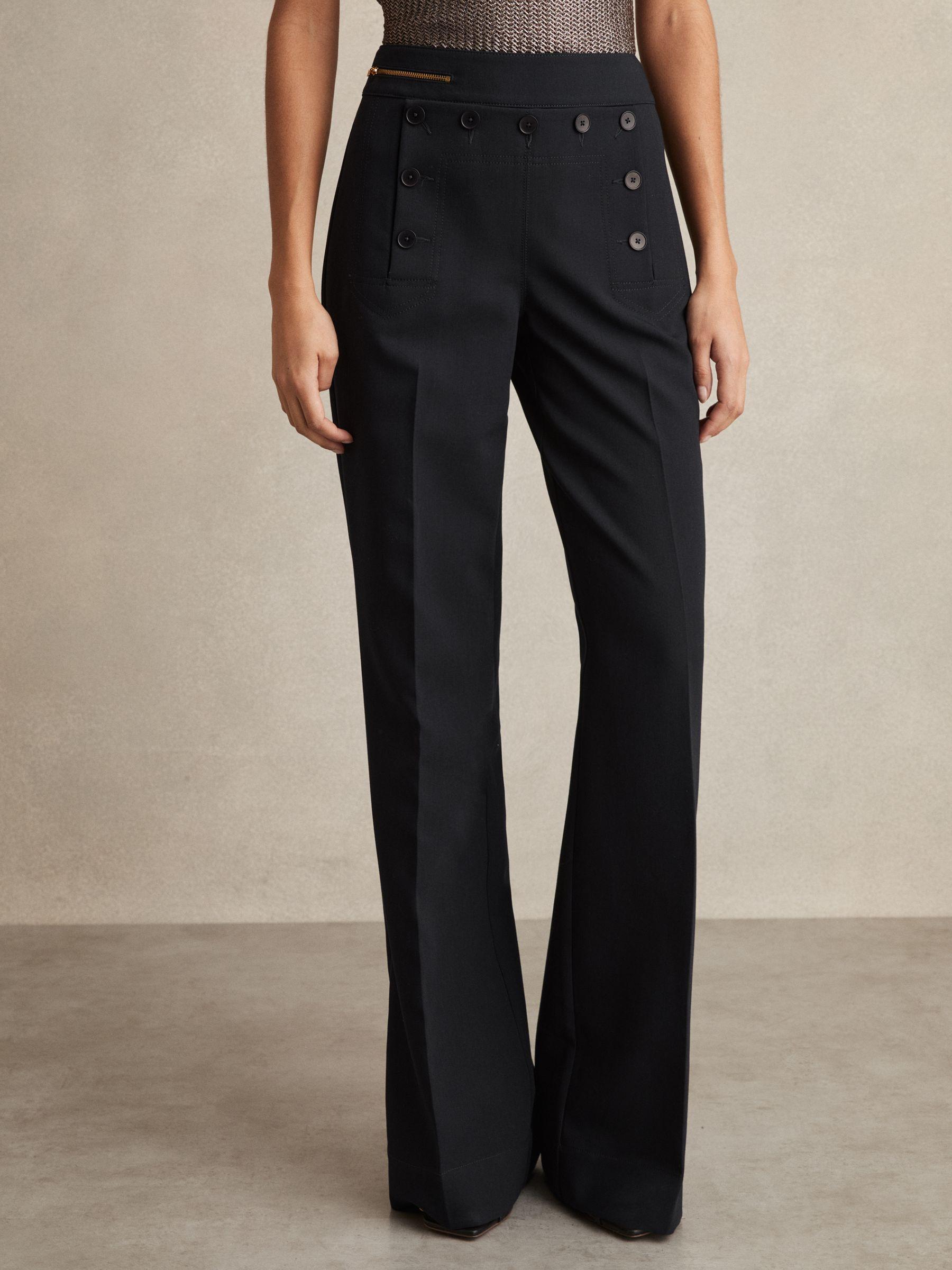 Petite Button-Detail Wide-Leg Trousers in Navy Product Image