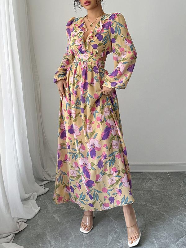 A-Line Long Sleeves Contrast Color Elasticity Flower Print Pleated Ruffle Trim V-Neck Maxi Dresses Product Image