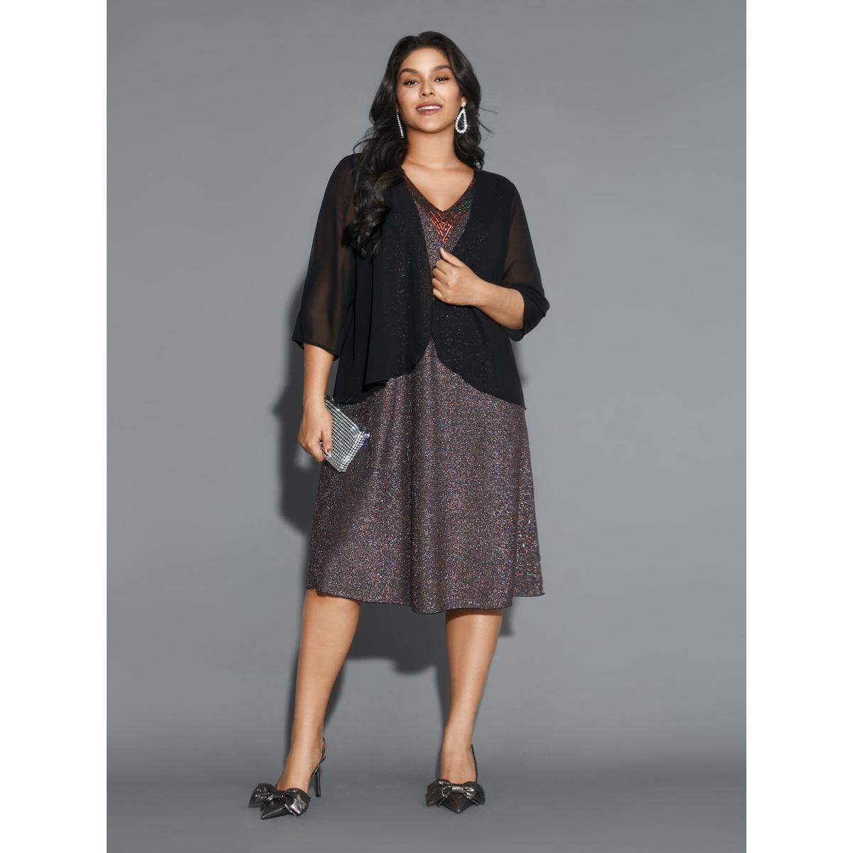 Plus Size 2-In-1 Sequin Patchwork Mesh Dress Black Women Cocktail Texture Party Curvy Bloomchic 14-16/1X Product Image