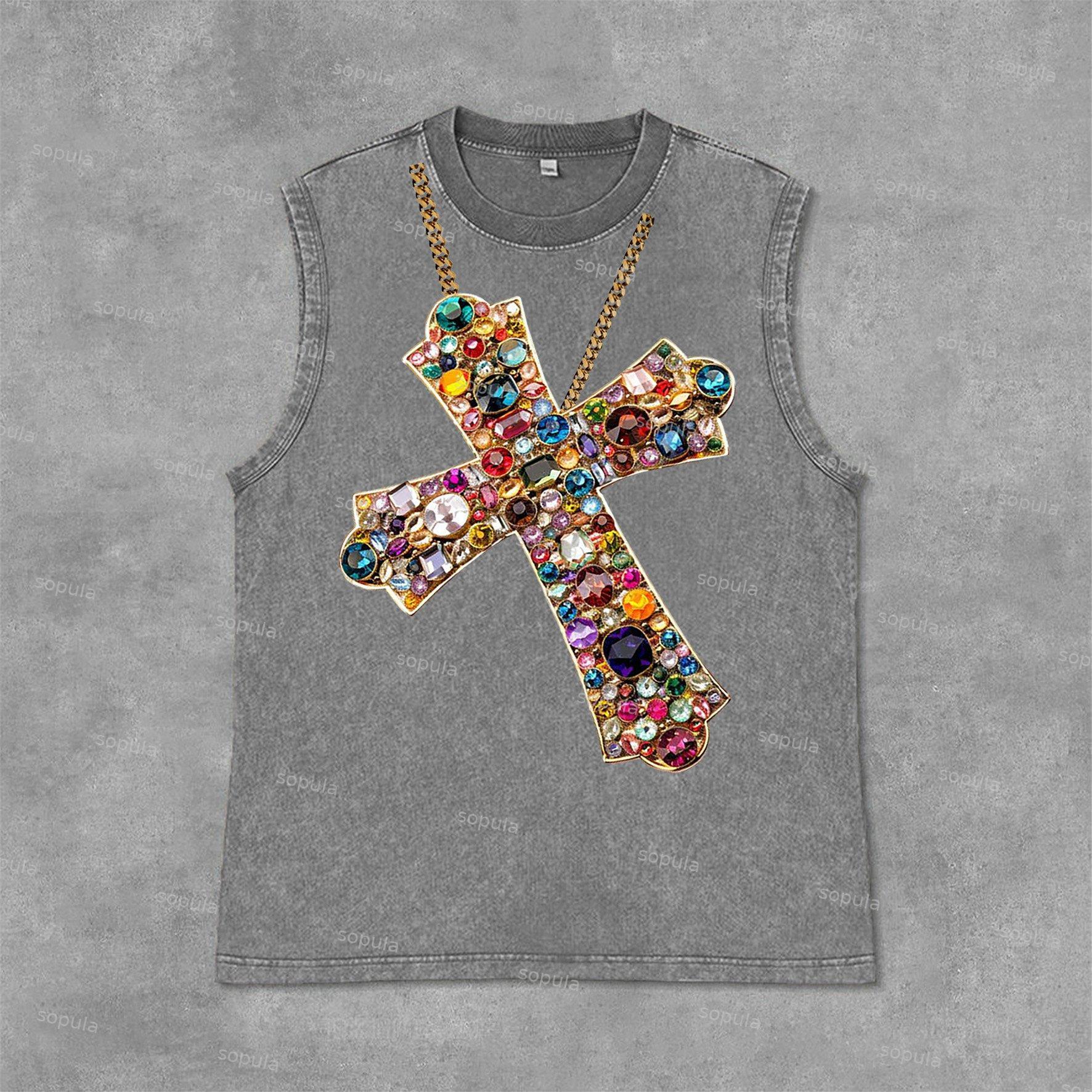 Diamond Cross Graphic Print Acid Washed Sleeveless Tank Top Product Image