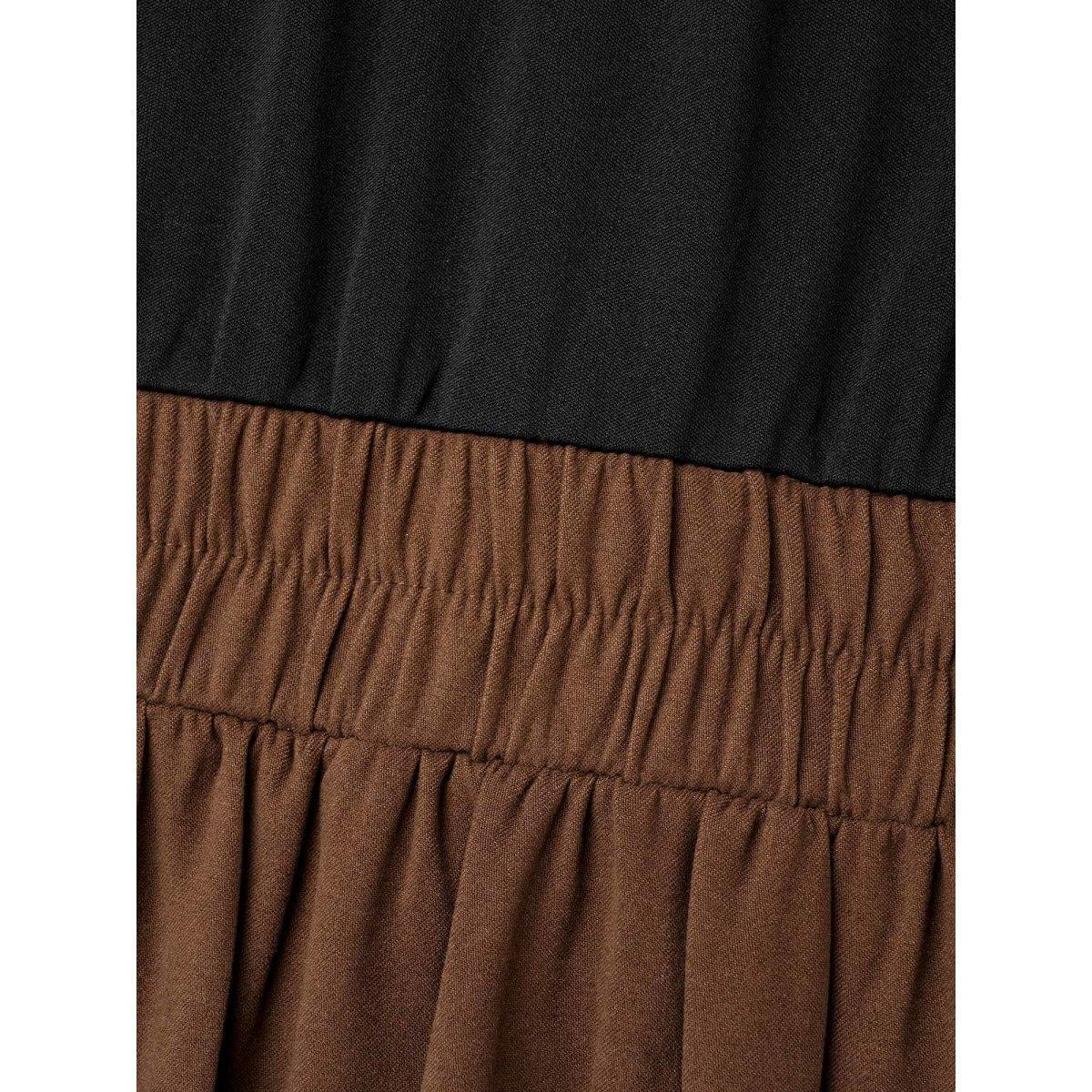 Plus Size Crew Neck Contrast Shirred Pleated Dress Browncoffeecolor Women Casual Contrast Round Neck Long Sleeve Curvy BloomChic 18-20/2X Product Image