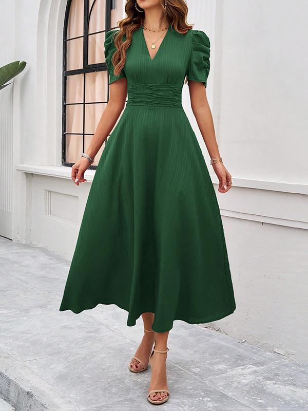 A-Line High Waisted Pleated Solid Color Zipper V-Neck Maxi Dresses Product Image