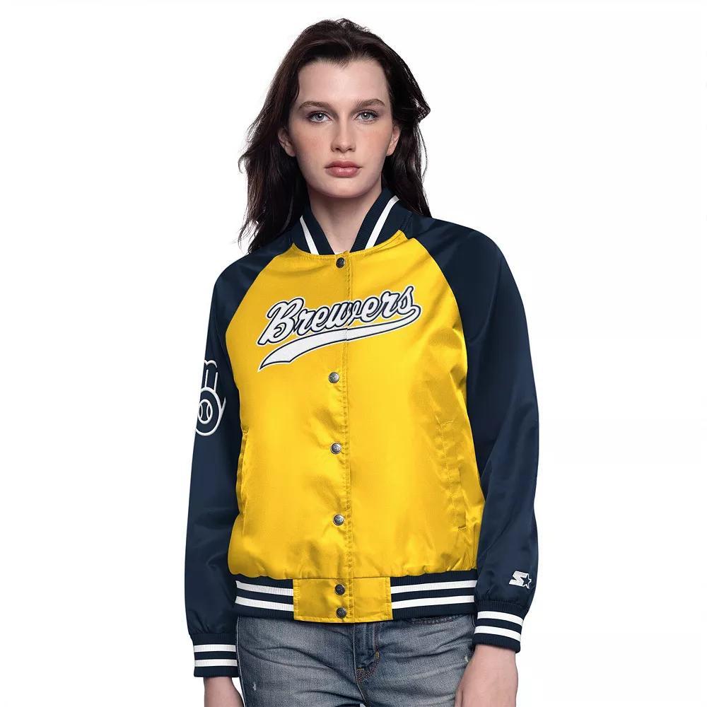 Women's Starter Gold/Navy Milwaukee Brewers Home Run Full-Snap Varsity Jacket, Size: Medium Product Image