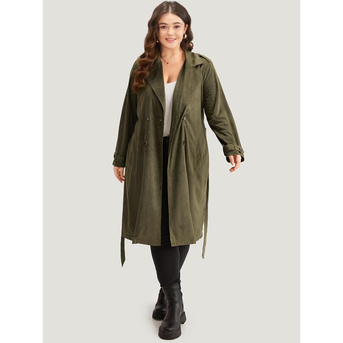Plus Size Plain Lapel Collar Pocket Belted Faux Suede Coat Women ArmyGreen Casual Plain Ladies Dailywear Winter Coats BloomChic 14-16/1X Product Image
