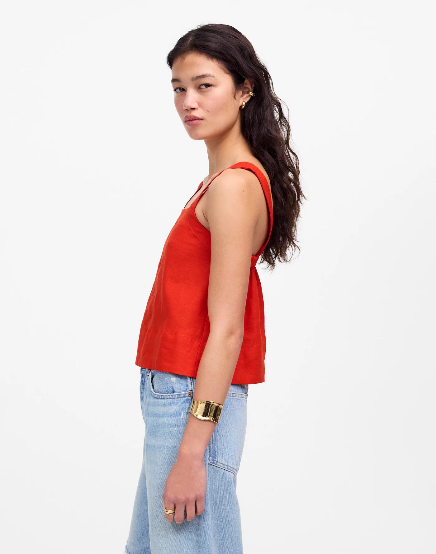 Contrast-Stitch Squareneck Top in 100% Linen Product Image