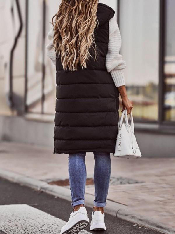 Hooded Sleeveless Buttoned Drawstring Keep Warm Solid Color Split-Joint Zipper Padded Coat Vest Outerwear Product Image