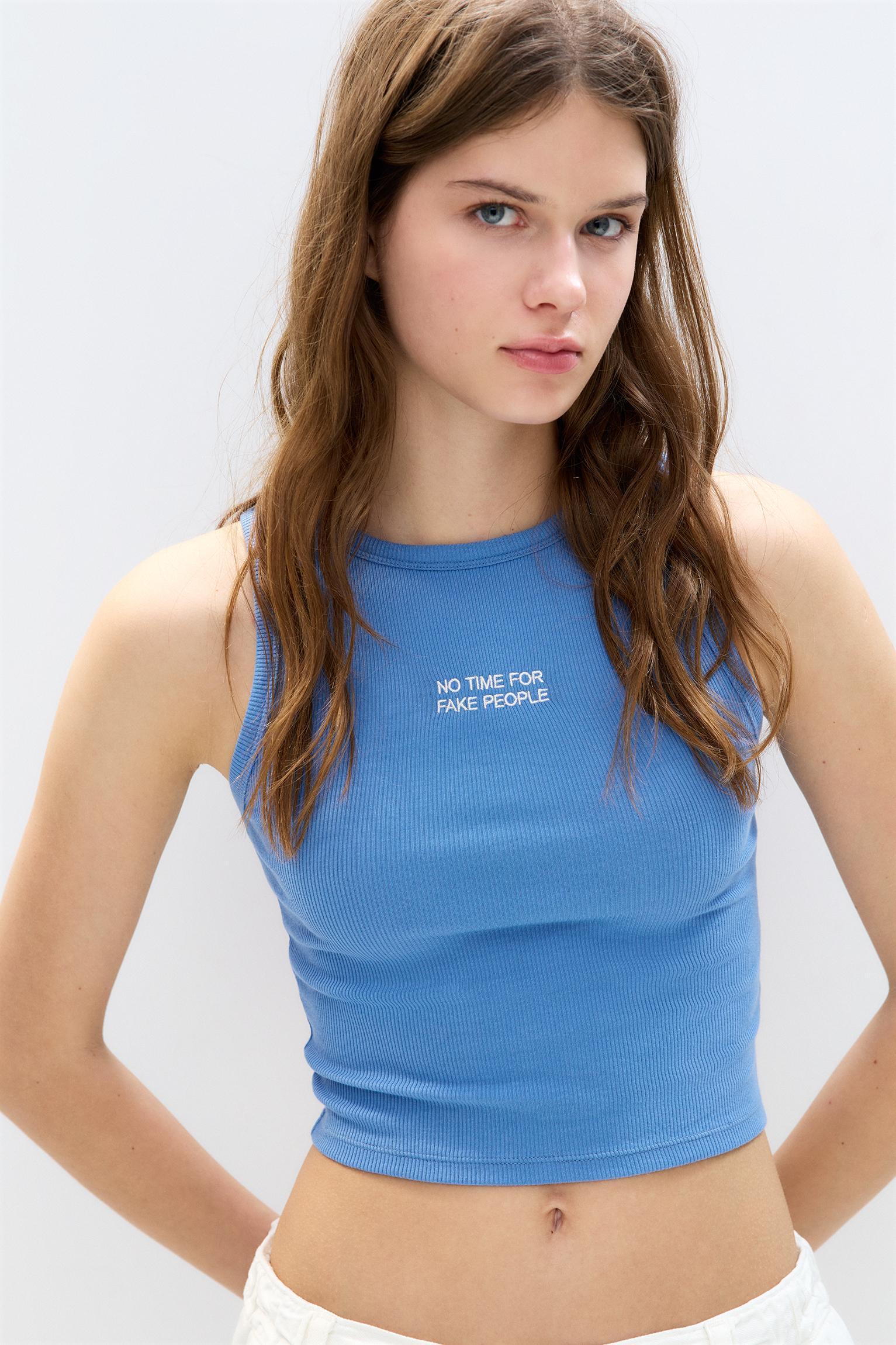 Blue tank top with slogan Product Image