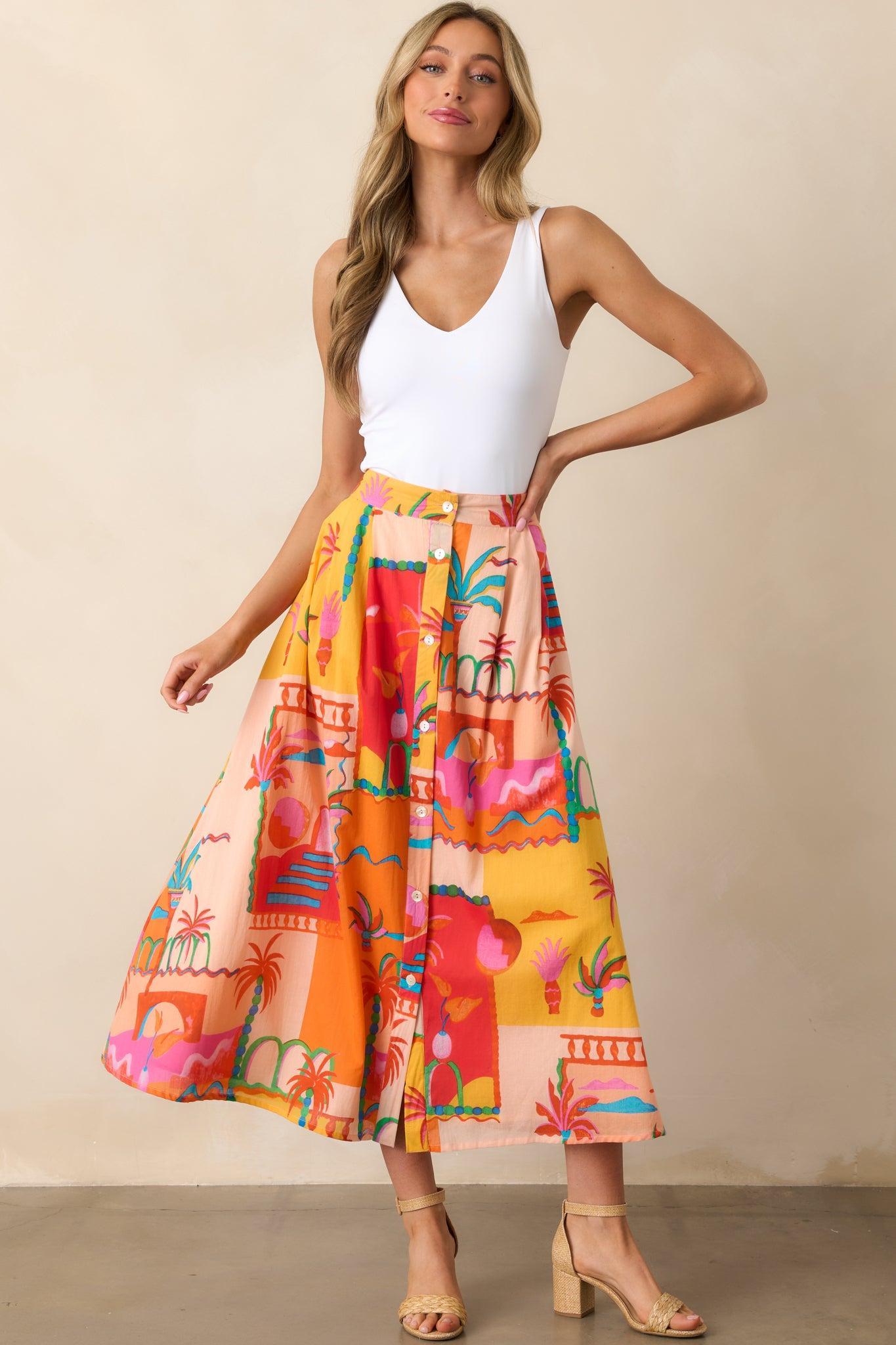 Bright Idea Orange Tropical Print Cotton Button Front Midi Skirt Product Image