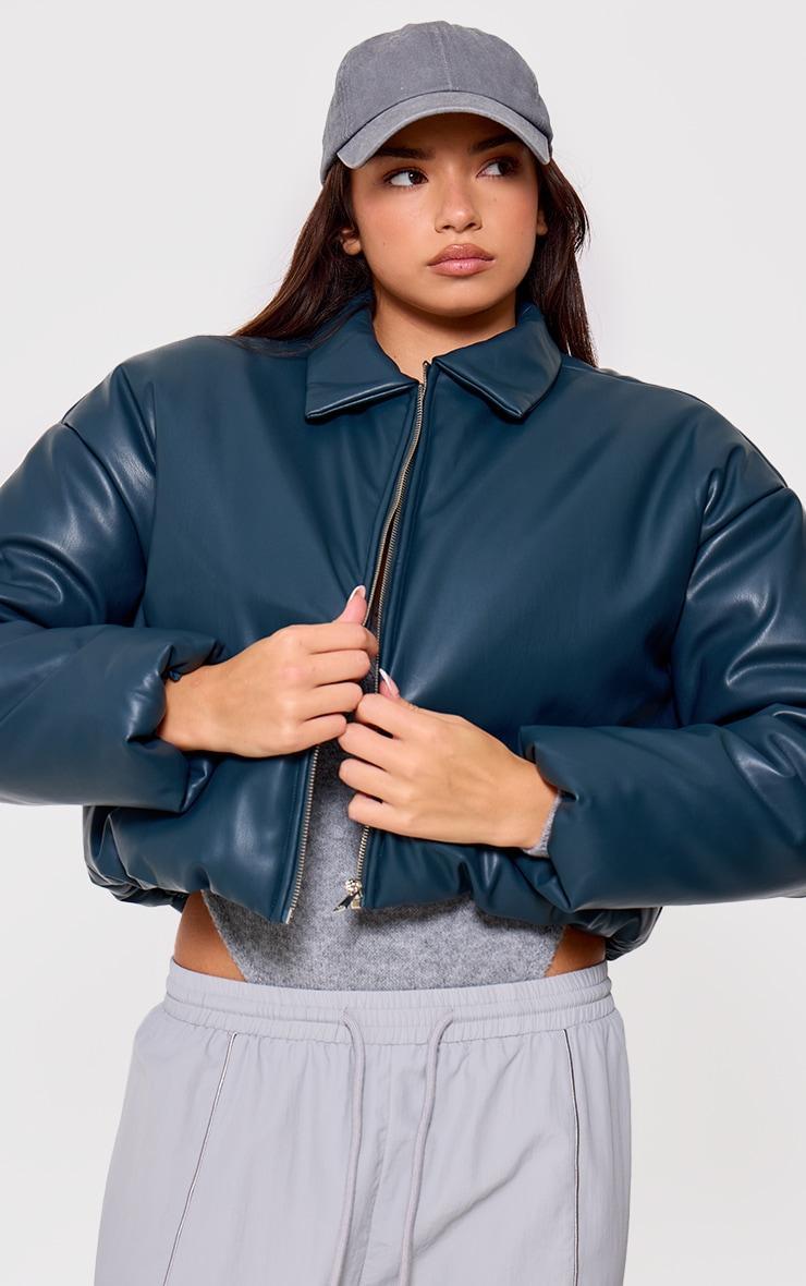 Teal Faux Leather Collar Detail Puffer Jacket Product Image