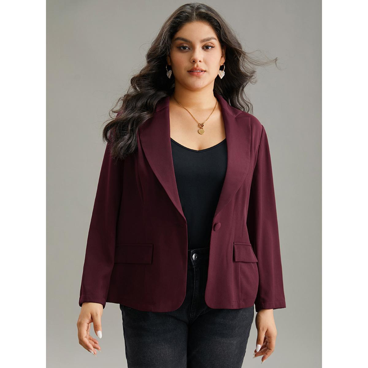 Plus Size Lapel Collar Plain Twill Button Up Blazer Burgundy Women Dailywear Plain Plain Sleeve Long Sleeve Lapel Collar 30/6X Elegant Blazers BloomChic Product Image