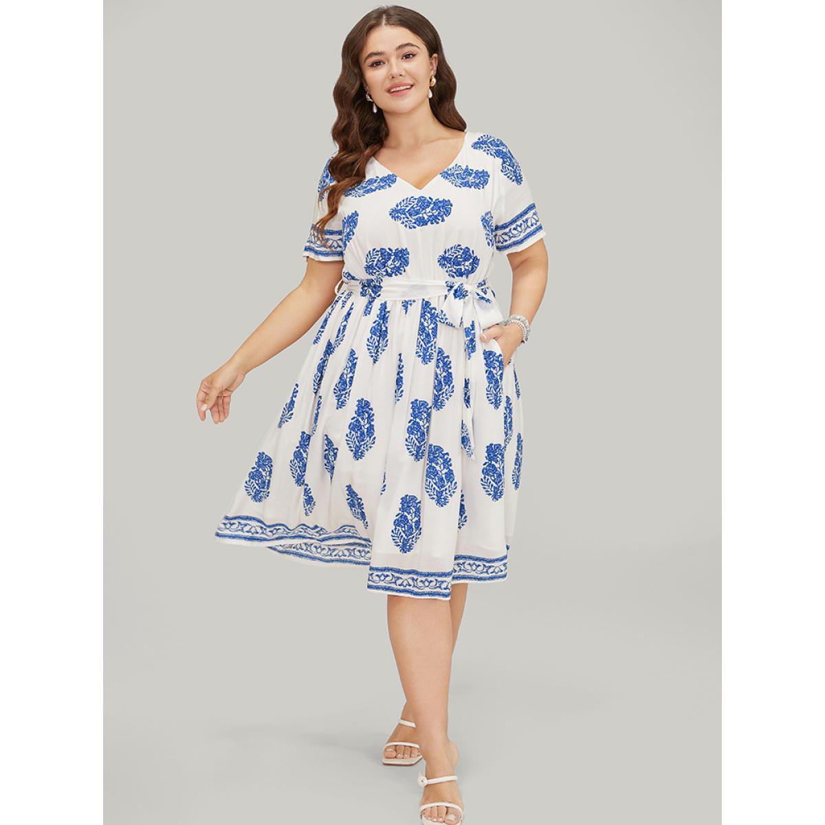 Plus Size Floral Print Pocket Belted Ruffle Hem Knee Dress Blue Women Vacation Printed V-neck Short sleeve Curvy Knee Dress BloomChic 22-24/3X Product Image