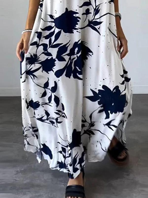Loose Plus Size Floral Printed Split-Joint Spaghetti-Neck Maxi Dresses Product Image