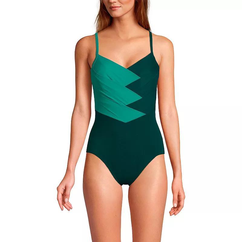 Womens Lands End Slendertex V-Neck Pleated Crossback One-Piece Swimsuit Rich Brown Product Image