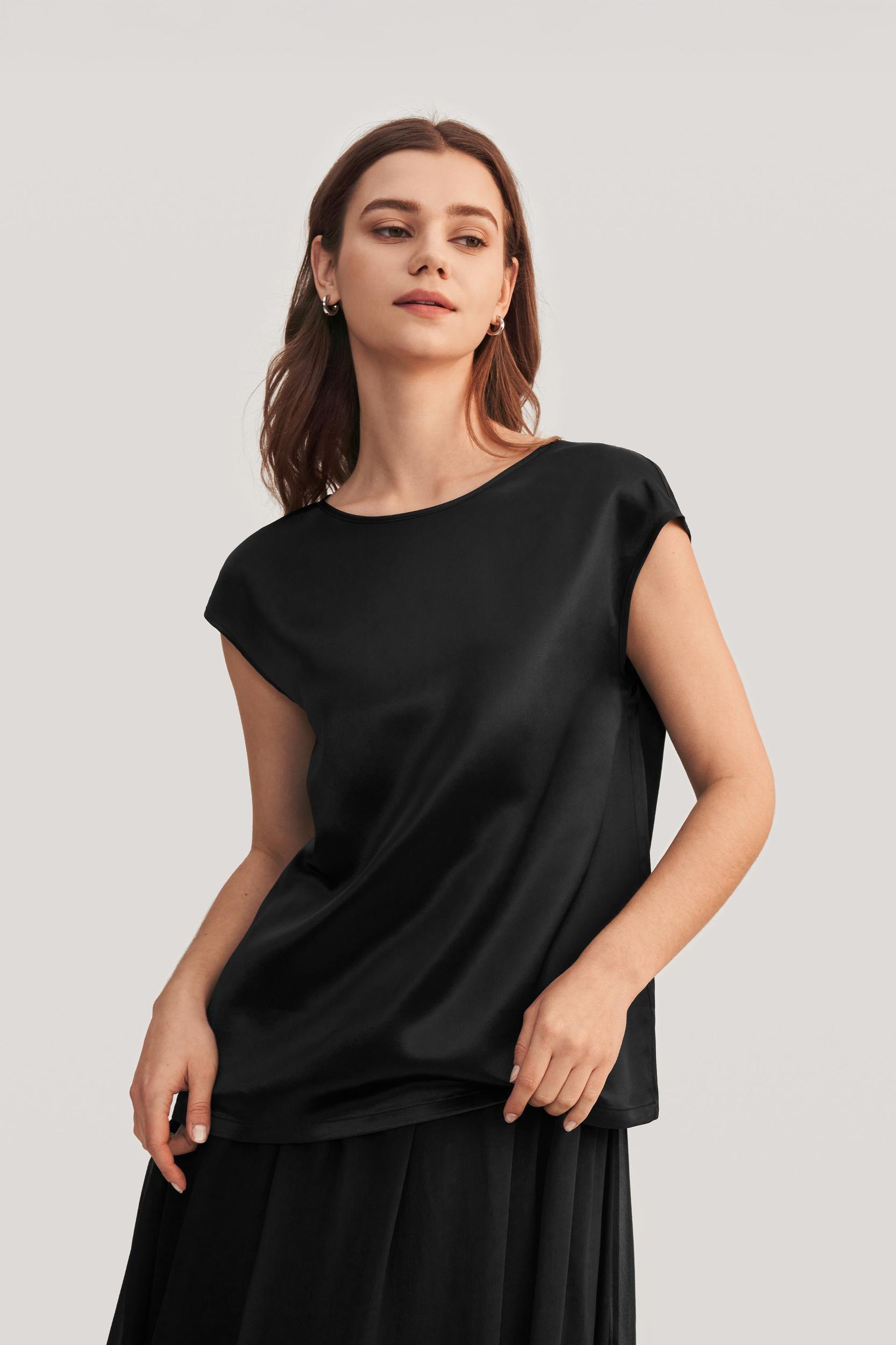 LILYSILK Silk T Shirt for Women Blue Natural Silk Smooth Basic Round Neck Free of Harmful Chemicals S Product Image