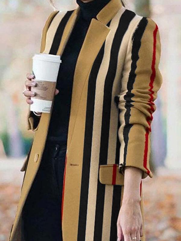 Long Sleeves Loose Buttoned Split-Joint Striped Stand Collar Woolen Coat Product Image