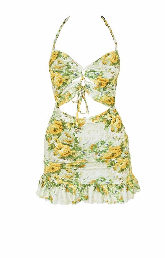 Yellow Floral Print Cut Out Frill Hem Halterneck Shift Dress Product Image