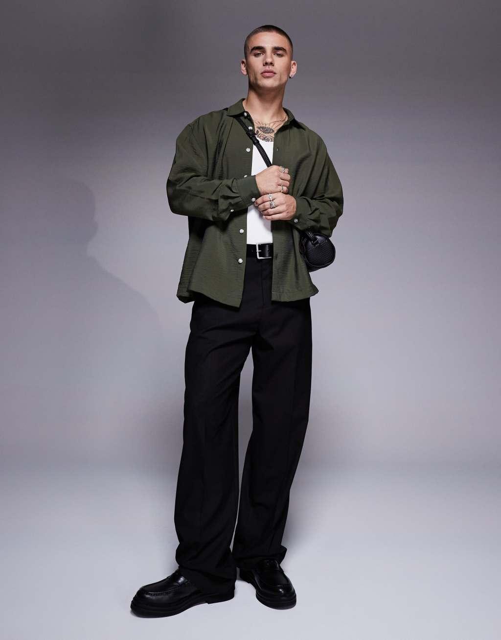 ASOS DESIGN oversized boxy textured shirt in brown Product Image